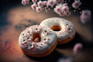 two donuts decorated with Sakura flower pink and white color, idea for spring season or romantic love concept background wallpaper, Generative Ai