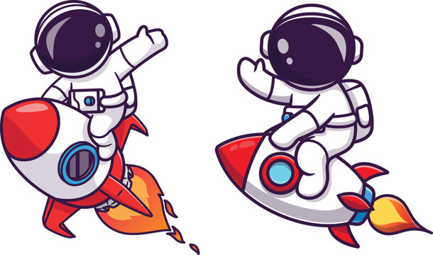 Cute astronaut riding rocket and waving hand cartoon illustration.