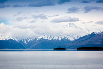 Majestic mountain landscape. Mount Cook and Pukaki lake, New Zealand