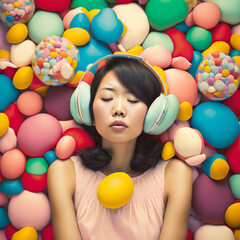 Fototapeta na wymiar generative ai illustration of a asiatic girl dreaming sweet things