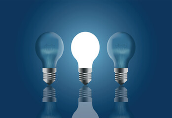 vector with light bulbs standing in a row. illustration with one glowing light bulb among dimmed light bulbs