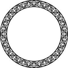 Vector monochrome Kazakh national round pattern, frame. Ethnic ornament of the nomadic peoples of Asia, the Great Steppe, Kazakhs, Kirghiz, Kalmyks, Mongols, Buryats, Turkmens