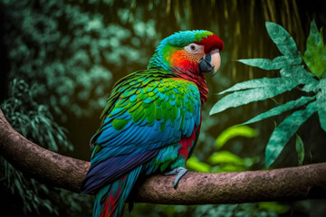 Obraz premium Colorful parrot on a branch. Created with generative Ai technology.