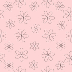 Black contours of flowers on a pink background seamless pattern