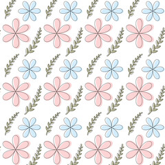 Repeating pattern of pink and blue flowers and plants on a white background