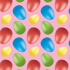 Repeating pattern of colorful Easter eggs on a pink background