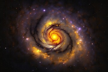 An orange and yellow galactic core surrounded by a ring of stars and galaxies