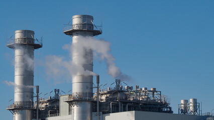  Detail of power factory making smoke toxic in nature through the chimneys .Pollution, CO2 emissions