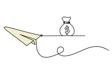 Abstract color paper plane with dollar as line drawing on white