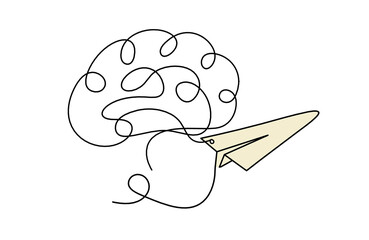 Abstract color paper plane with brain as line drawing on white
