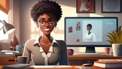 African-American woman working in his office black history month celebration cartoon style illustration generative ai