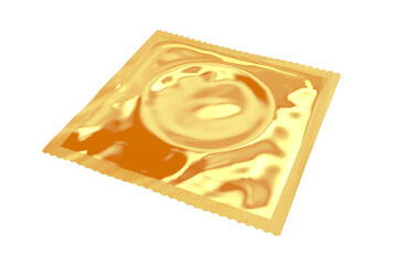 Condom pack. Isolated golden condom pack. Unbranded condom pack. Brandless pack. 3D rendering. 3D