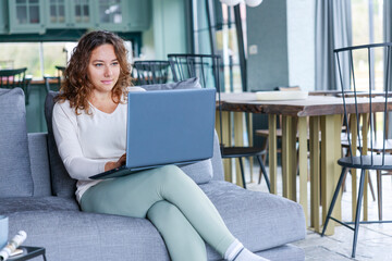Fototapeta na wymiar Young woman sitting on sofa and using laptop