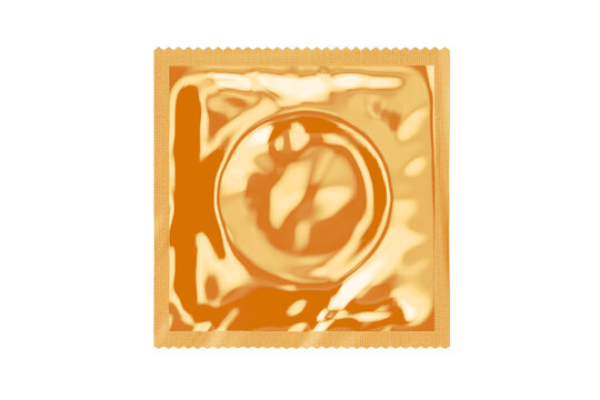 Condom pack. Isolated golden condom pack. Unbranded condom pack. Brandless pack. 3D rendering. 3D