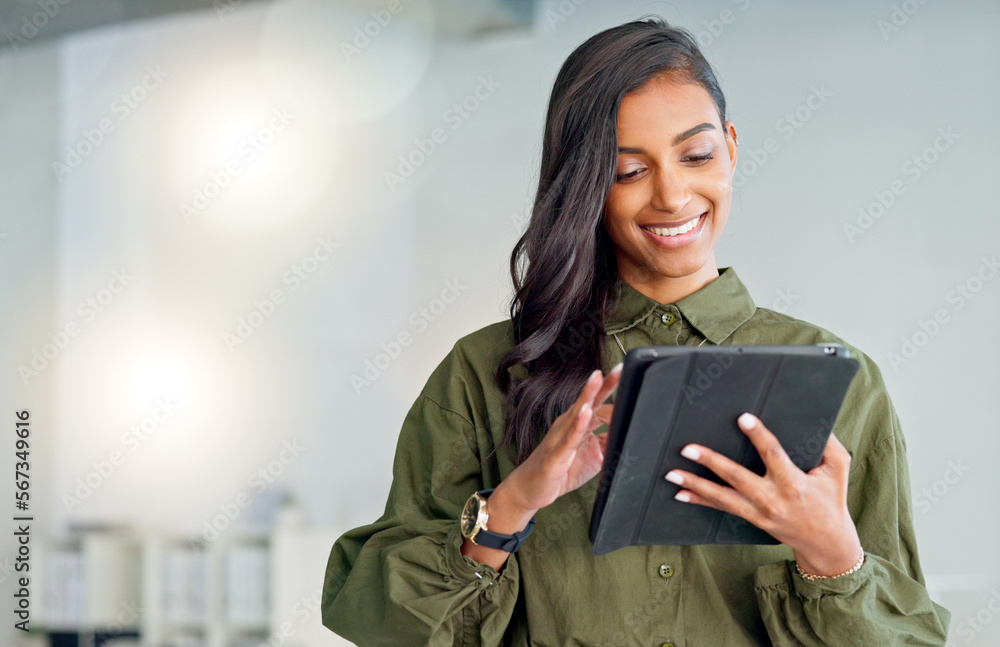 Poster business woman typing an email, browsing the internet and searching for ideas on a tablet at work. f