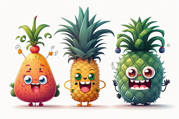 cartoon characters of pineapple, happy and smile, cute fruit monsters, white background, vector illustration, Made by AI,Artificial intelligence