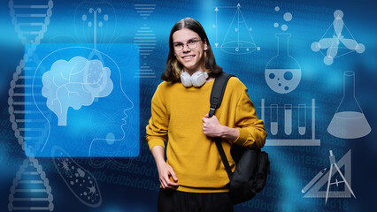Portrait of university student guy on glowing background with educational signs