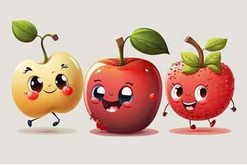 cartoon characters of apple, happy and smile, cute fruit monsters, white background, vector illustration, Made by AI,Artificial intelligence