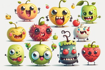 cartoon characters of fruit, happy and smile, cute fruit monsters, white background, vector illustration, Made by AI,Artificial intelligence