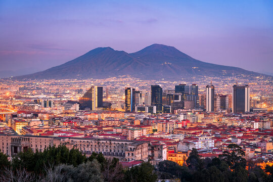 Naples, Italy with the Financial District Skyline Under Mt. Vesuvius