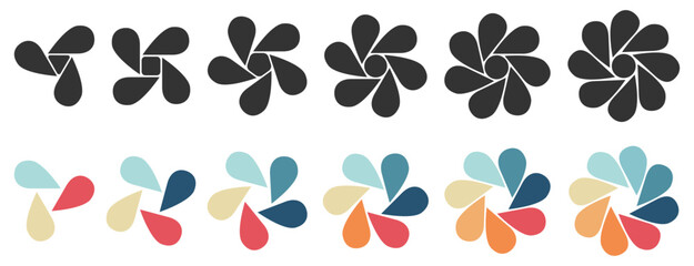 Water drops or leaves shaped object forming circle flower, version with three to eight petals - can be used as infographics element