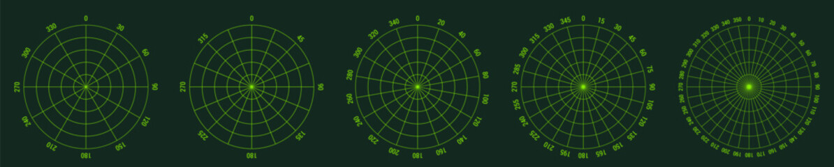Simple green radar screen - circle divided into multiple sectors, version with 12, 16, 18, 24 and 36 segments, angle number reading near