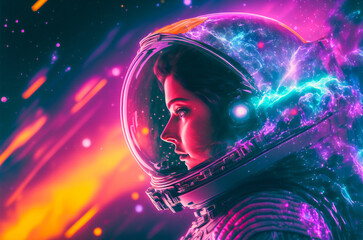 Fantasy vivid colored portrait of an astronaut youg girl with nebula in background. Fictional character. Created with Generative AI technology.