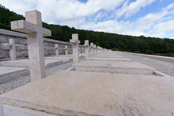 Place of commemoration. Cemetery near the Italian Monte Cassino where Polish soldiers are buried. - obrazy, fototapety, plakaty