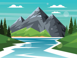 A mountain range surrounded by a lake. Spruce trees growing by the river. Vector illustration