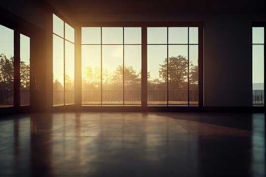 An Empty Spacious Terrace On The Second Floor Of A Large House With A Brick Red Floor For Relaxing On Warm Summer Evenings In The Sun Of The Passing Day. Sunlight Illuminates The Site. Generative AI