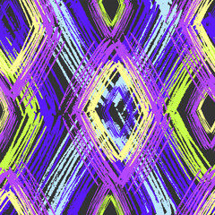 Abstract grunge seamless pattern with brushstroked rhombuses in trendy neon colors. Modern print for fabric, textiles, wrapping paper. Vector illustration