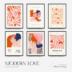 Fototapeta na wymiar Modern Valentine's day vertical flyer or poster template. Love hand drawn trendy illustration.