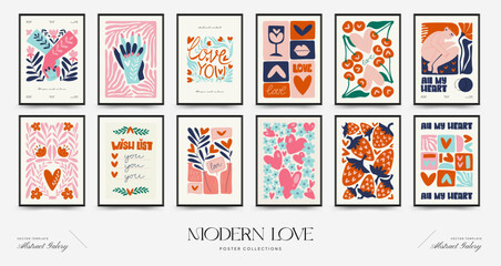 Fototapeta na wymiar Modern Valentine's day vertical flyer or poster template. Love hand drawn trendy illustration.