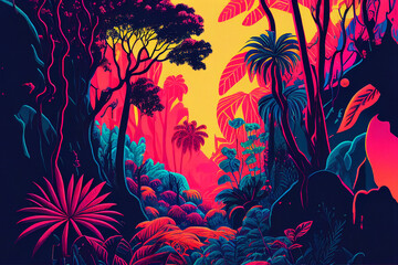 Fototapeta na wymiar Fantasy colorful jungles created with generative Ai technologies