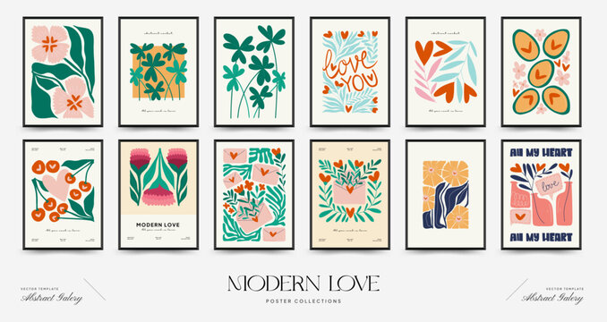 Modern Valentine's day vertical flyer or poster template. Love hand drawn trendy illustration.