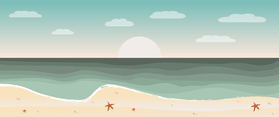 Fototapeta na wymiar Vector summer illustration. Tropical landscape. Ocean coast, sandy beach shore with seashells.