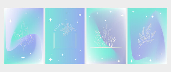 Set of vector gradient backgrounds. In blue-turquoise colors with soft transitions. With gradient flowers, leaves and stars. Suitable for postcards, covers, screensavers, wallpapers, social networks.