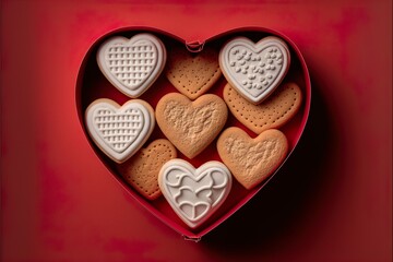 Heart-shaped cookies in a gift box on a colored background for Valentine's day.  Happy Valentine`s Day. Generative AI.