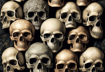  Wall of various human skulls. Generative AI