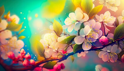 Obraz na płótnie Canvas Vibrant blossoming spring background with white flowers and light colors. Created with Generative AI.