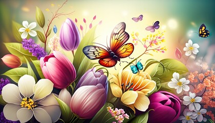 Obraz na płótnie Canvas Sunny spring background with flowers and butterflies. Created with Generative AI.