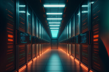 Fototapeta premium A long servers room, a long hallway with rows of servers in it, technology concept illustration, Generative AI