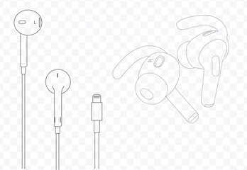 Drawn With lines  Art Vector Isolated Pair of wireless WIFI Headphones and Earphones on Transparent background. Gadget for phones and smartphones. Vector illustration 