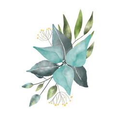 Watercolor floral bouquet - illustration with green leaves, for wedding stationary, greetings, wallpapers, fashion, backgrounds, textures, presentation, etc.