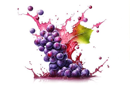 Sweet Purple Grapes in juice splash isolated on white. Generative AI