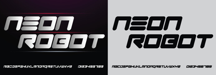 Obraz premium Neon Robot, Game Sport Movie Alphabet Font. Typography modern regular style font for technology, digital, logo design. vector illustration
