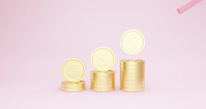 3d animation of the rotation of coins of a stack of money arrow moves up stylized designation of demand, increase in sales and income. 2 videos in one on pink and green chromakey mockup background