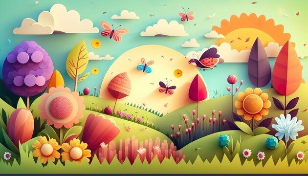 Spring background with rolling hills and butterflies. Created with Generative AI. 