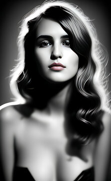 Fototapeta Fotografía en blanco y negro de chica posando frente a cámara, retrato con rostro iluminado y sombras fuertes - AI Generated Art