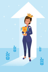 Happy young big isolated corporate woman done her job as vison & mission and celebrating, leadership success and career progress concept, flat vector illustration, handsome business girl.